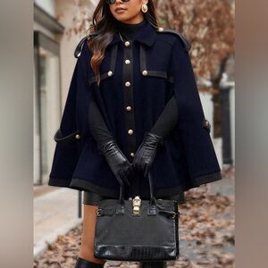 Pre-Owned Navy SHEIN Elenzga Raglan Sleeved Woolen Cape Coat w/ Black Accents